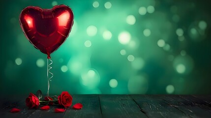A red heart-shaped foil balloon floats above a dark wooden surface scattered with red roses and petals, set against a soft, glowing green bokeh background.