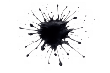 Black fluid exploding forming an abstract blot creating a dynamic paint splash, splattering against a transparent background