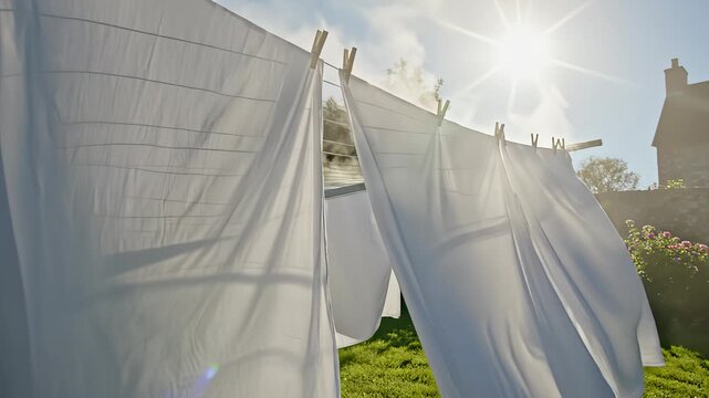 White Sheets Drying on Clothesline Under Bright Sunlight Outdoors