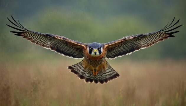 Peregrine falcon flies with open wings over blurred green field. Bird of prey looks forward, showing sharp eyes and beak. Wings display intricate patterns in soft daylight.