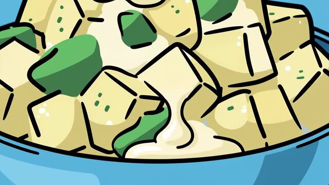 Illustrated bowl of cubed food with white sauce and green garnish, cartoon style.