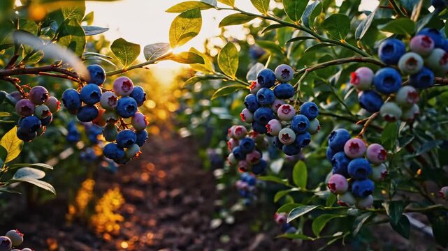 Clusters of ripening blueberries hang heavily on the lush green bushes, bathed in the warm, golden light of the setting sun on a productive agricultural.