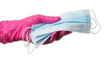Hand holding disposable medical face masks png isolated on transparent background