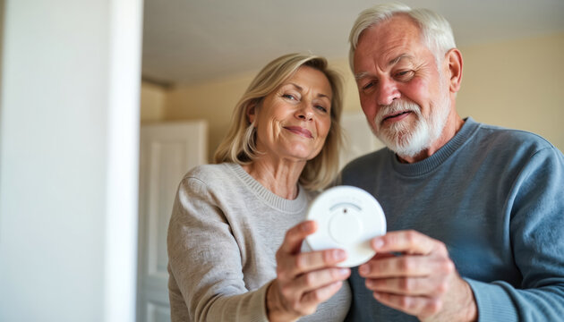 Elderly couple checks carbon monoxide detector in home. Seniors ensuring safety for house. They are careful, responsible, planning for future needs and secure living.