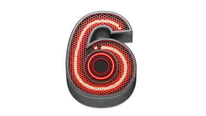 Futuristic 3D Number 6 with Neon Red Lights and Hexagonal Grille