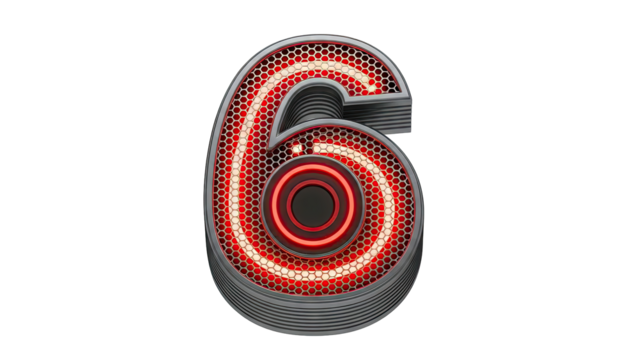 Futuristic 3D Number 6 with Neon Red Lights and Hexagonal Grille - Powered by Adobe