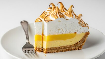 A delicious slice of lemon meringue pie with a fork