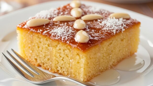 A delicious slice of Basbousa semolina cake garnished with almonds and coconut