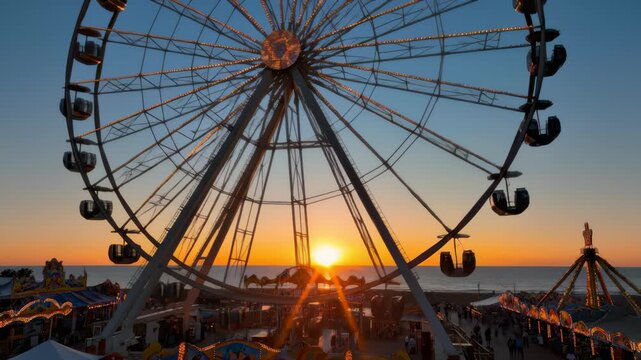 Ferris Wheel Rotating in the Evening Against Sunset at Amusement Park