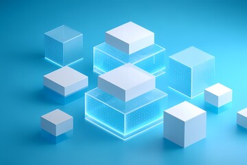 Obraz premium Glowing blue glass cubes and blocks arranged in a futuristic abstract composition