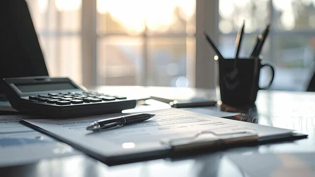 Office desk setup with calculator, pen, clipboard, and a cup of pencils.