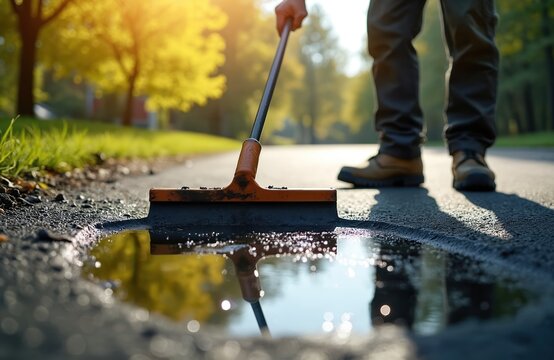 Worker applies black liquid sealer to asphalt driveway with squeegee tool. Home maintenance job improves pavement surface, prevents cracks and wear. Sun shines brightly on outdoor repair project.