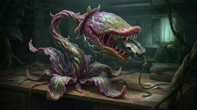 Mutated Carnivorous Plant Eating Computer Mouse on Wooden Desk 3D Render