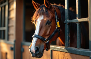 Brown horse with white blaze peeks from stable door, wearing black halter. Golden sunlight illuminates its head and mane. Calm equine waits patiently inside rustic wooden barn, its dark eye visible.