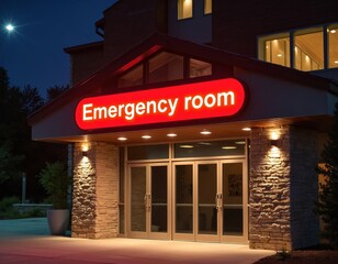 Hospital emergency room entrance at night illuminated by red sign and exterior lights. Clear guidance for patients needing urgent medical attention and immediate treatment.