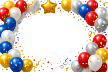 Balloons and confetti creating a festive frame, celebrating special events, holidays, anniversaries, birthdays, promotions