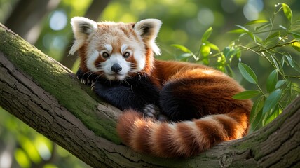 Red panda resting on tree branch in forest