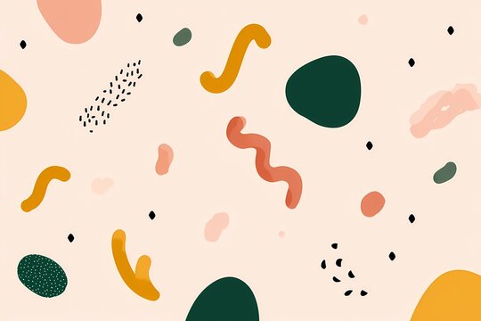 Abstract pastel shapes and squiggles pattern on beige background