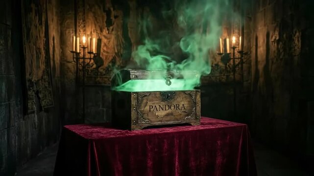Pandora Box Opens Emitting Green Smoke on Altar in Dark Dungeon 3D Render
