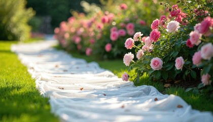 White fabric laid on green grass beside blooming pink roses. This garden path setup prevents weeds and enhances flowerbeds. Perfect for landscaping projects and garden design.