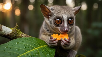 Obraz premium Adorable Bushbaby Eating Fruit on a Wet Leafy Branch