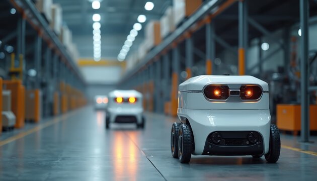 Autonomous robots move through warehouse aisles. Automated delivery bots bring parts to stations. Advanced logistic system uses smart tech for future industry. - Powered by Adobe