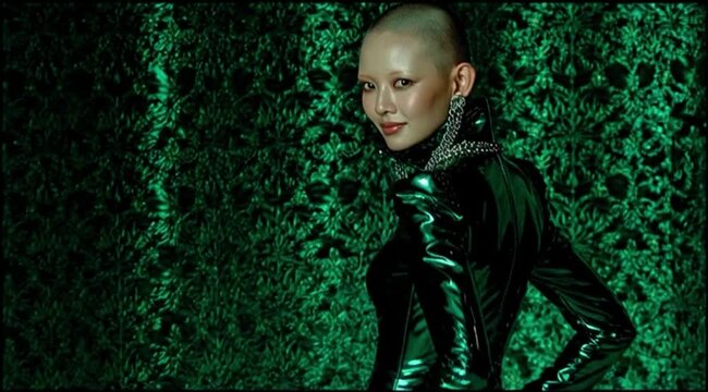 Mulher Vestindo Tecido de Vinil Verde Luxuoso em Moda Futurista Autentica e Sofisticada