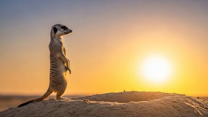 Alert Meerkat Standing Watchful During Golden Sunset in African Desert Landscape