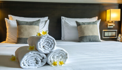 Luxury Hotel Bed With Rolled Towels And Flowers