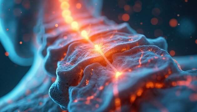 Close up view of spinal cord nerve pathways firing. Neural network signals transmit information through the central nervous system. Body communication network active.