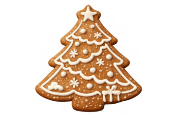 Gingerbread cookie shaped like a christmas tree, decorated with white icing snowflakes and dots, on a transparent background