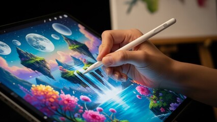 Artist's Hand Using Stylus to Create Digital Fantasy Landscape on Tablet