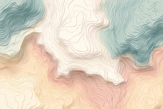 An abstract design featuring wavy lines and contours in soft colors including peach, white, and teal.
