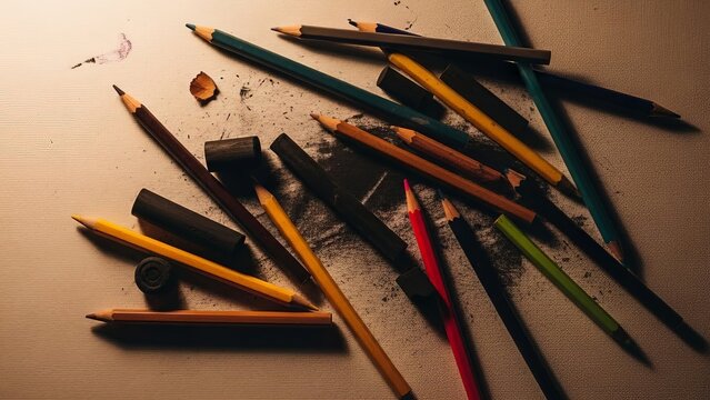 Assorted colored pencils and charcoal sticks scattered on a textured surface