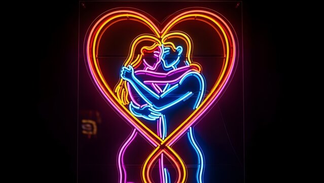 Valentine's day neon art loving couple embrace in heart shape