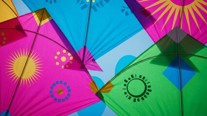 Colorful kites for Makara Sankranti festival flying against blue sky. Vibrant kites showcase intricate designs and bold colors that celebrate Makara Sankranti traditions.