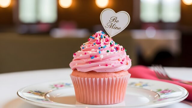 Valentine's day pink cupcake with heart shaped topper on white plate - Powered by Adobe