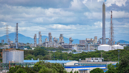 Landscape view of an oil refinery and chemical plant with a blue sky background,