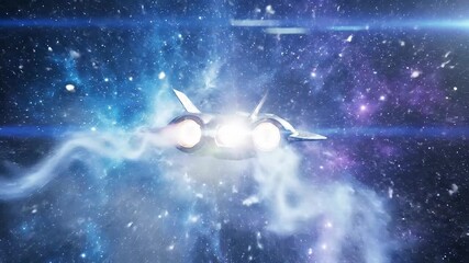 A powerful futuristic spaceship with glowing engines streaks through a vibrant starfilled galaxy showcasing advanced interstellar travel and epic cosmic exploration culminating in a dramatic explosio.
