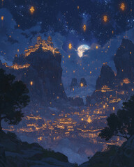 Fototapeta premium A cinematic fantasy mountain city at night with glowing lanterns and moonlight. Atmospheric wide view illustration ideal for fantasy backgrounds, games, websites, and digital media.
