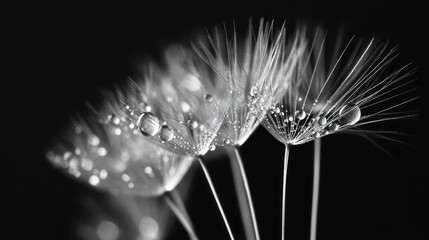 Monochrome Dandelion Seeds with Water Droplets on Black Background