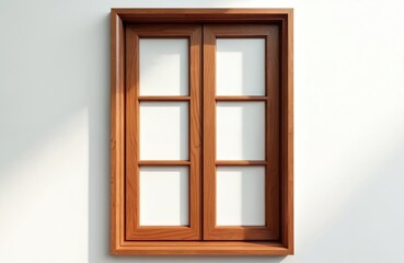 Obraz premium Wooden window with six glass panes and a light brown frame. Sunlight creates shadows on the white wall beside the interior architectural detail. Natural light enters.