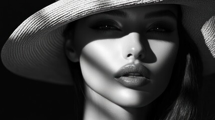 Monochrome Woman Wearing Hat with Dramatic Shadow in Studio