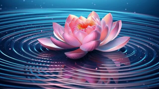 Closeup of Pink Lotus Flower Floating on Water with Gentle Ripples and Reflective Surface in Soft Lighting