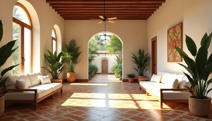 Bright spanish colonial hallway with archways, rich plants. Sunlight streams through windows, illuminating terracotta tile floors, white sofas. Ceiling fan circulates air in peaceful tropical resort.