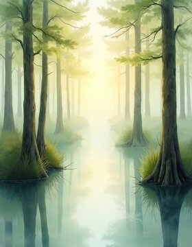 Misty swamp with cypress trees reflecting in calm water. Soft light filters through fog creating a serene, dreamy atmosphere in this watercolor illustration of nature.
