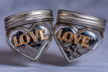 Two heart shaped glass jars tilted together, each holding dark ashes and adorned with bold gold LOVE text, conveying bittersweet romance, memory, and emotional storytelling concepts.