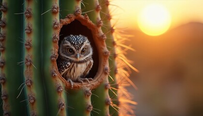 Small owl peeks from saguaro cactus hole at desert sunset. Tiny bird sits in prickly cactus nest at sundown. Wildlife scene, nature, avian life.