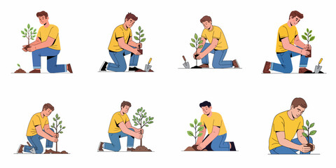 Fototapeta premium Young Man Planting Seedlings and Trees Vector Set. Ecology, Nature Conservation, and Gardening Concept Illustrations.