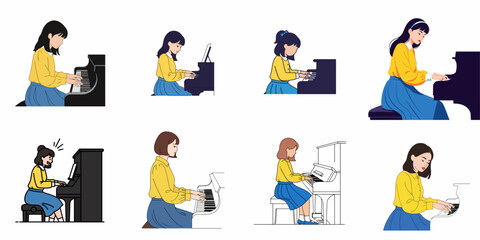 Diverse Set of Vector Illustrations Featuring Young Women and Girls Playing the Piano, Highlighting Musical Practice, Education, and Classical Performance. © Muqodimatul